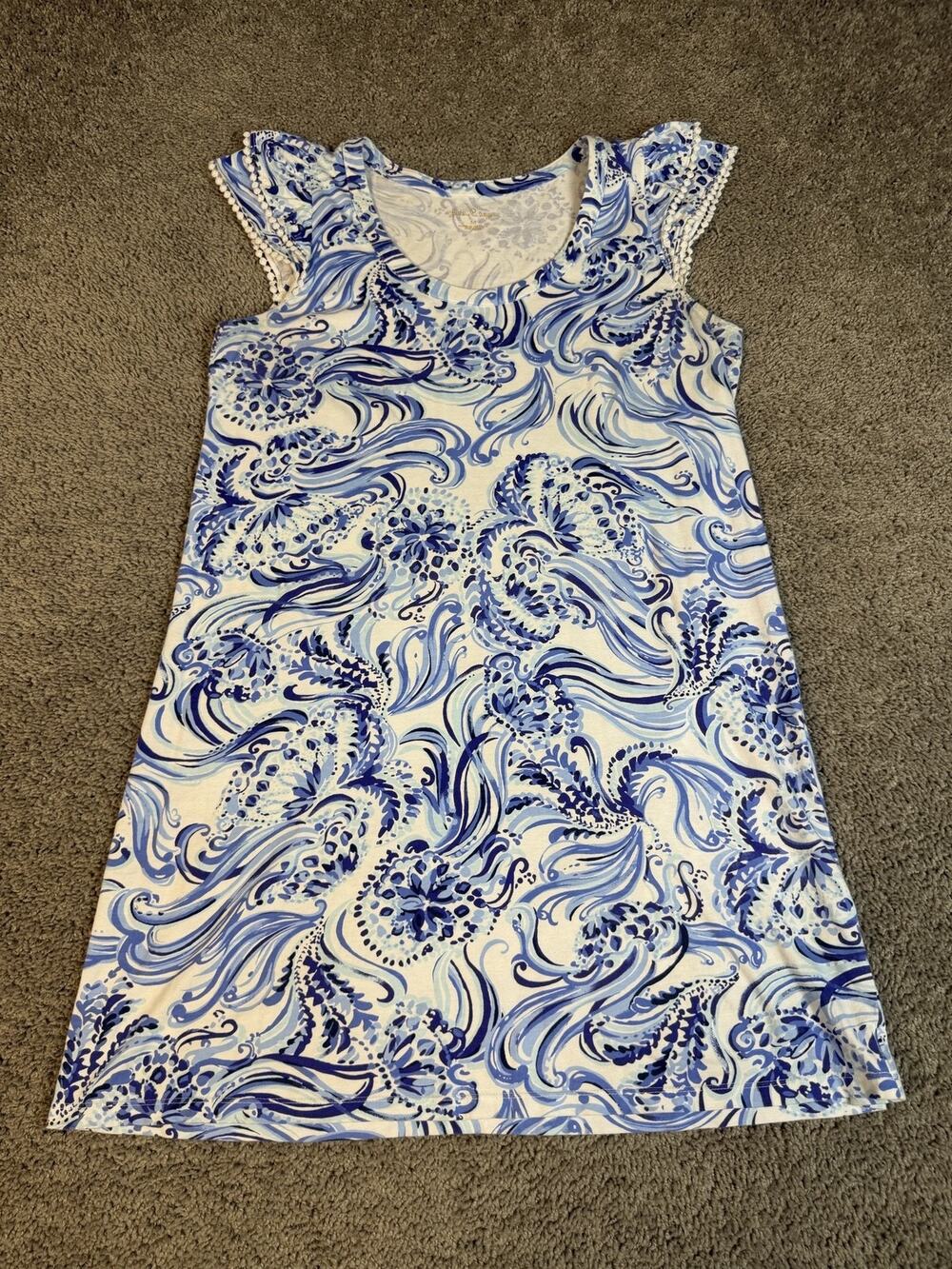 Lilly Pulitzer Dress Womens M Blue Floral Shift Scoop Neck Crochet Accents